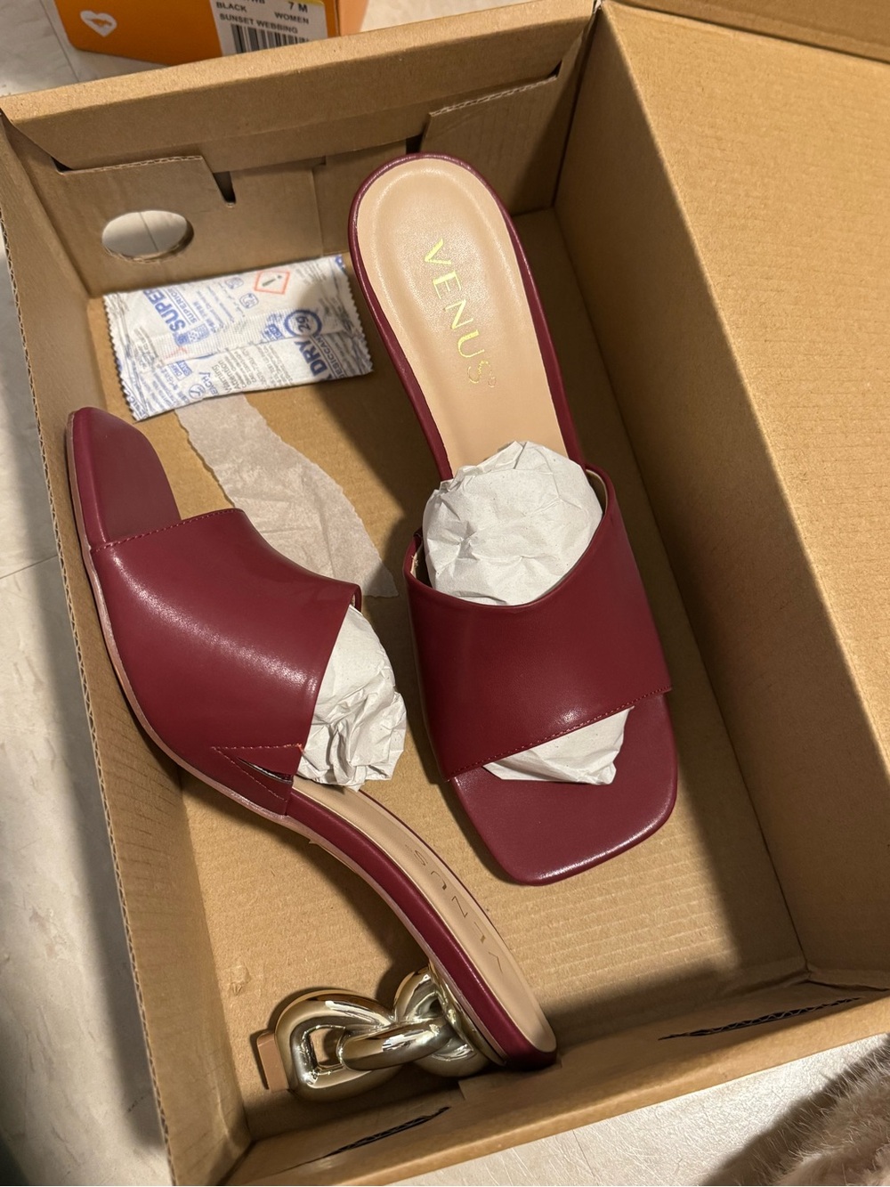 VENUS Burgundy Slide Mules with Gold Chain Heel